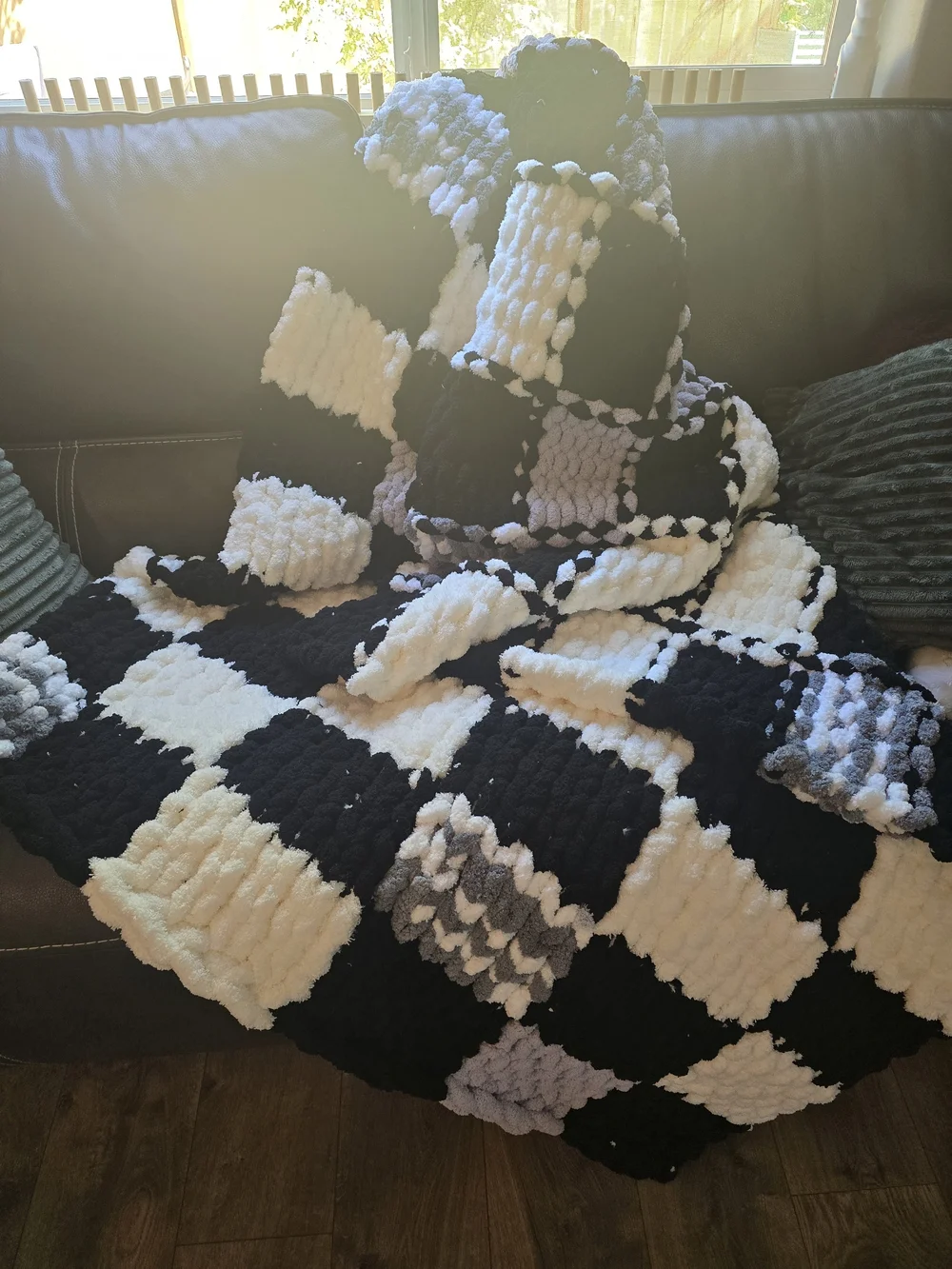 Hand Made Chunky Checkerboard Crochet Blanket - Black & White
